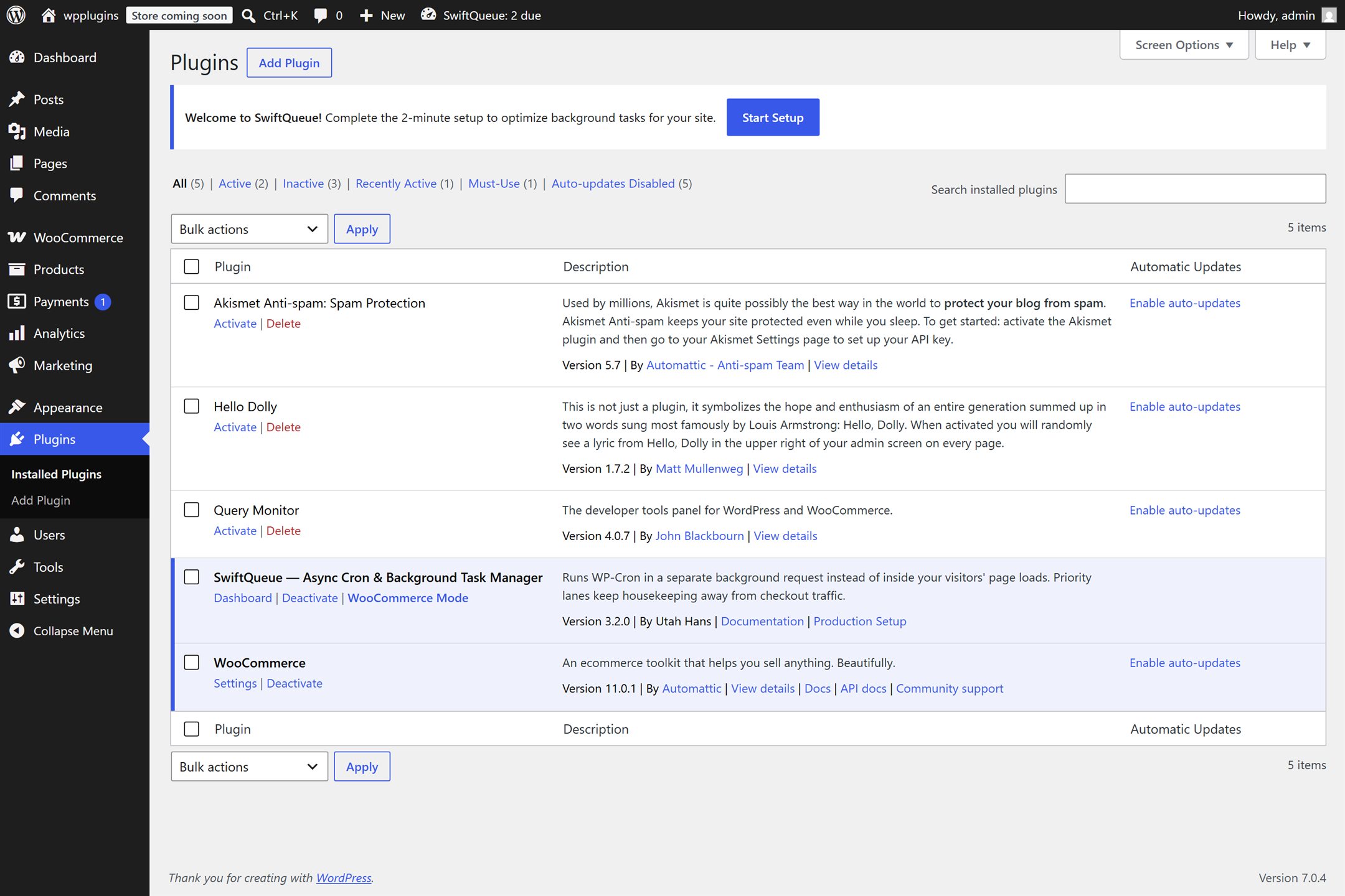 The WordPress plugins list showing SwiftQueue active, with Dashboard, Documentation and Production Setup links under its name