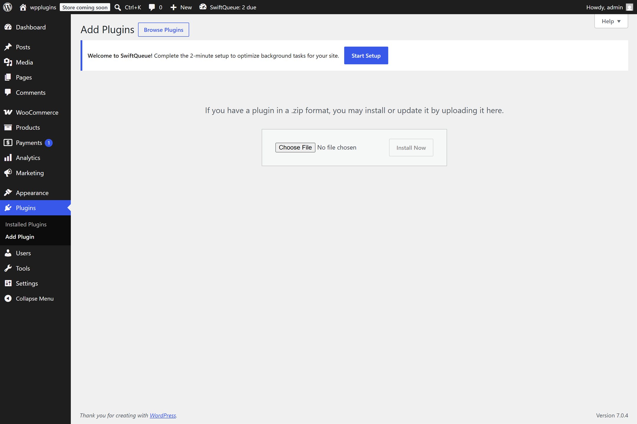 The WordPress plugin upload screen with a Choose File button and an Install Now button