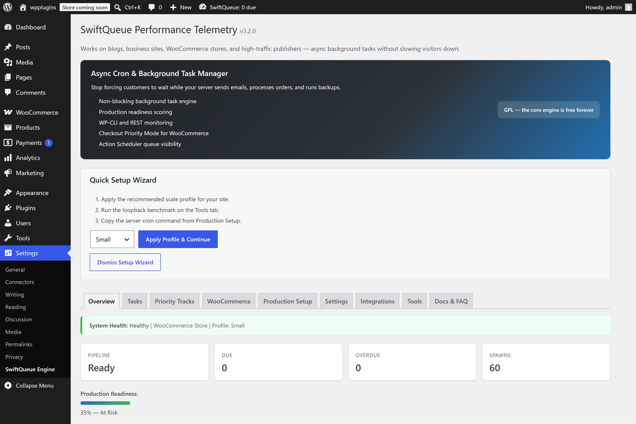 The SwiftQueue dashboard on first open, showing the quick setup wizard with a site-size dropdown and an Apply Profile button