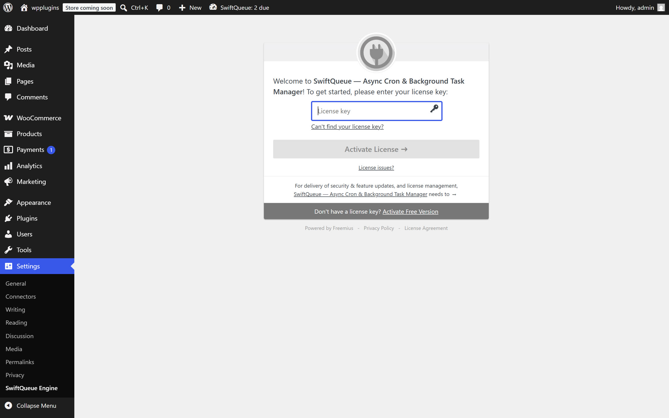 The SwiftQueue licence activation screen with a licence key field, an Activate License button, and a grey bar at the bottom reading 'Don't have a license key? Activate Free Version'