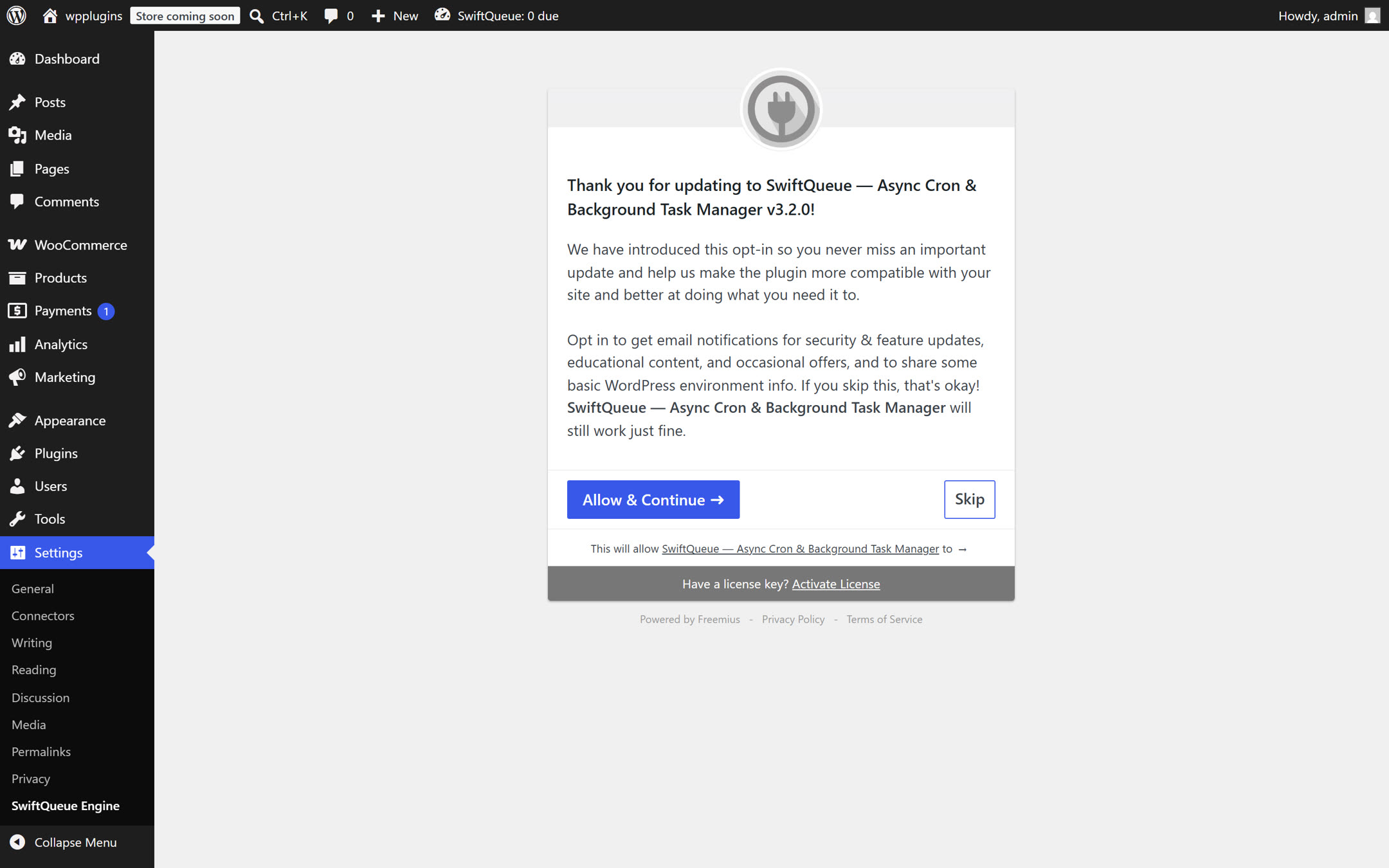 The SwiftQueue opt-in screen offering Allow and Continue or Skip, stating that the plugin will still work fine if you skip