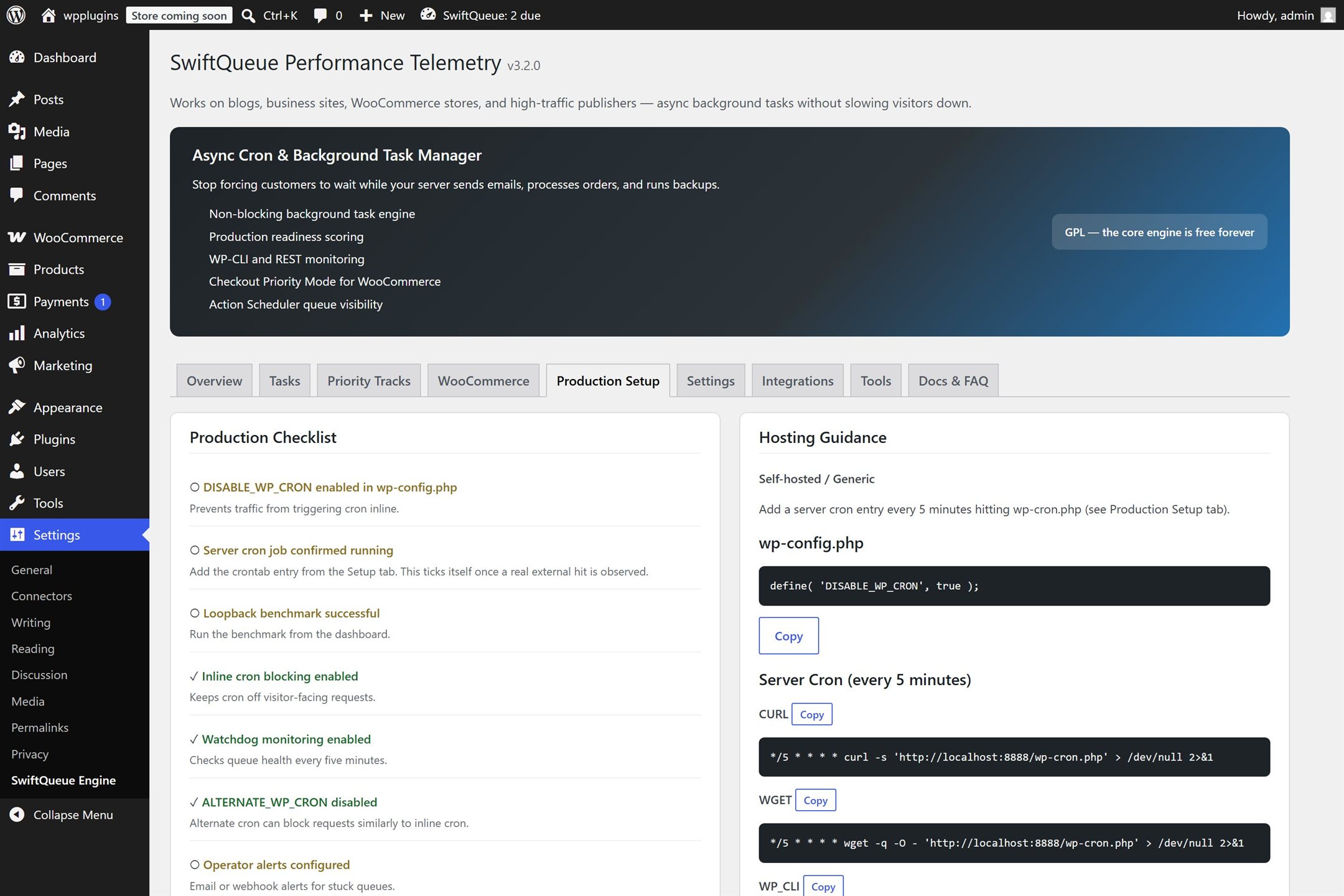 The production checklist with pass and pending items, next to hosting guidance with copy-paste commands
