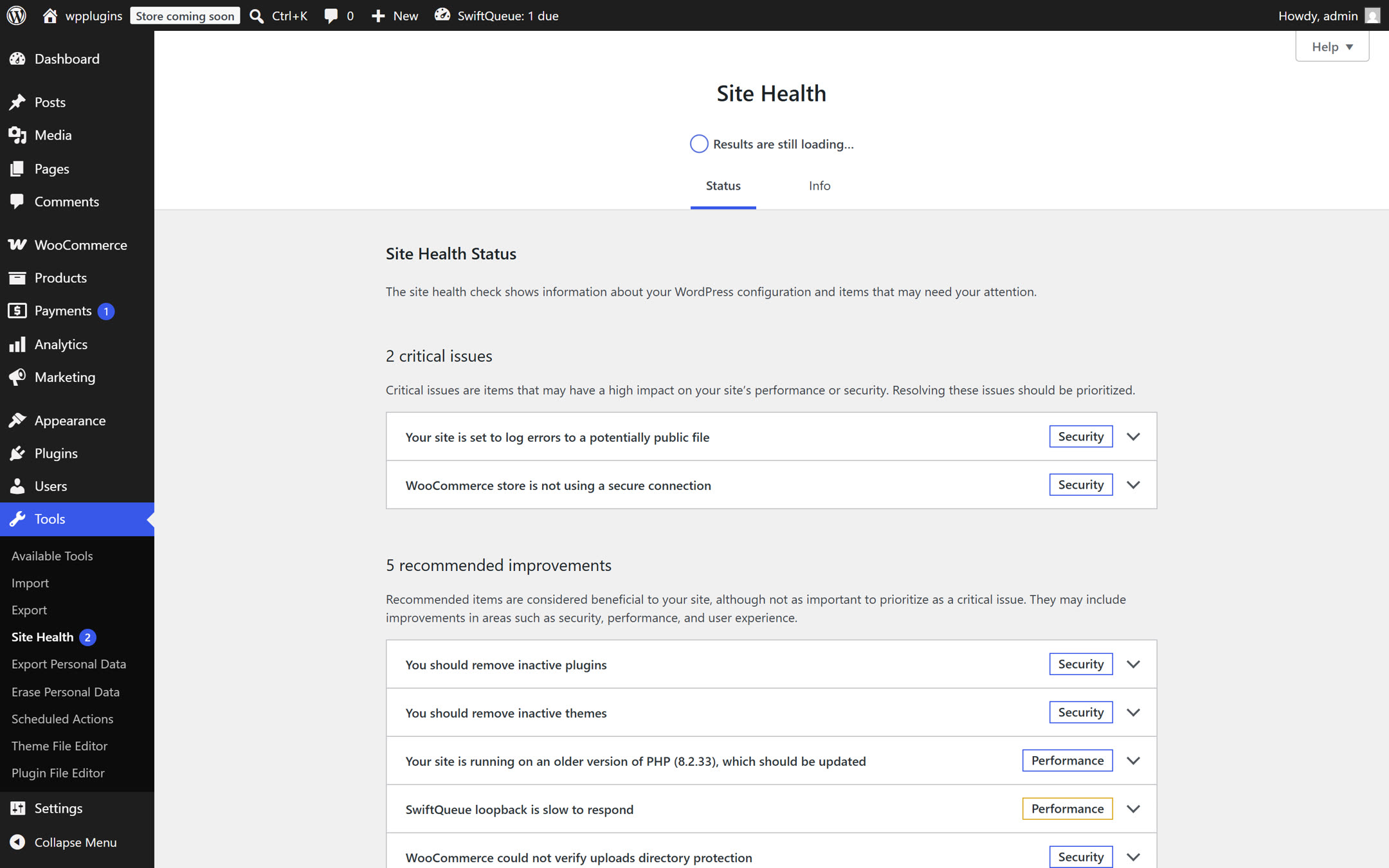 The WordPress Site Health status screen listing critical issues and recommended improvements, including a SwiftQueue loopback warning