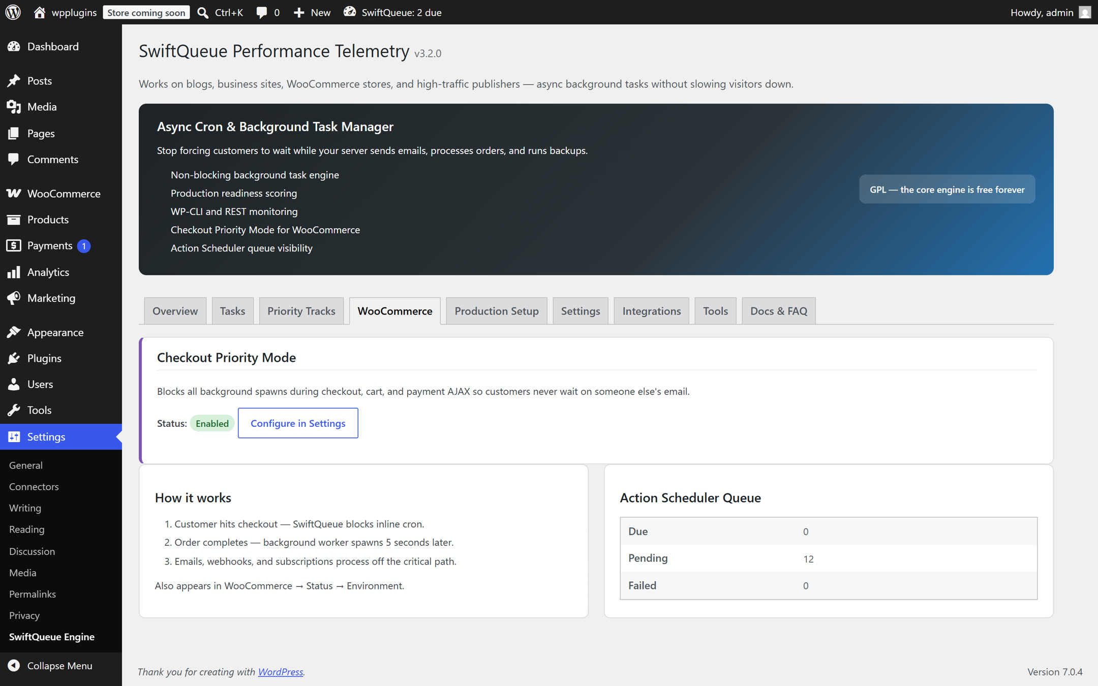 SwiftQueue's WooCommerce tab showing Checkout Priority Mode and the Action Scheduler queue health panel